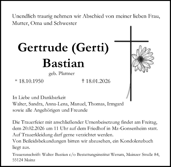 Traueranzeige von Gertrude Bastian von Allgemeine Zeitung Mainz
