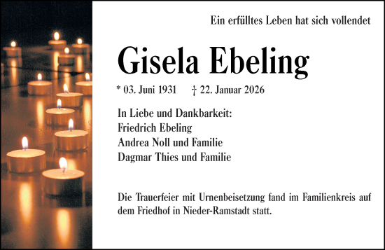 Traueranzeige von Gisela Ebeling von Darmstädter Echo