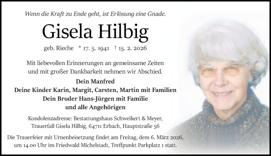 Traueranzeige von Gisela Hilbig von Odenwälder Echo