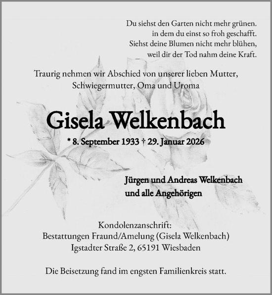 Traueranzeige von Gisela Welkenbach von Wiesbadener Kurier