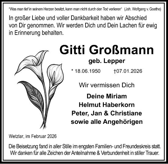 Traueranzeige von Gitti Großmann von Wetzlarer Neue Zeitung