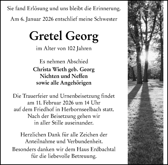 Traueranzeige von Gretel Georg von Dill Block