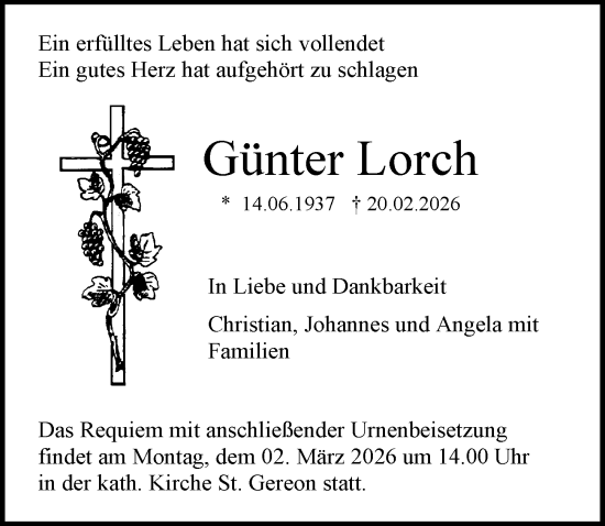 Traueranzeige von Günter Lorch von Allgemeine Zeitung Mainz