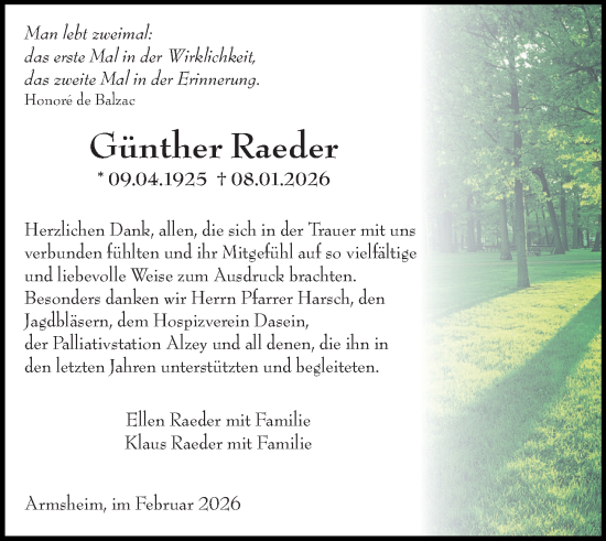Traueranzeige von Günther Raeder von Allgemeine Zeitung Alzey