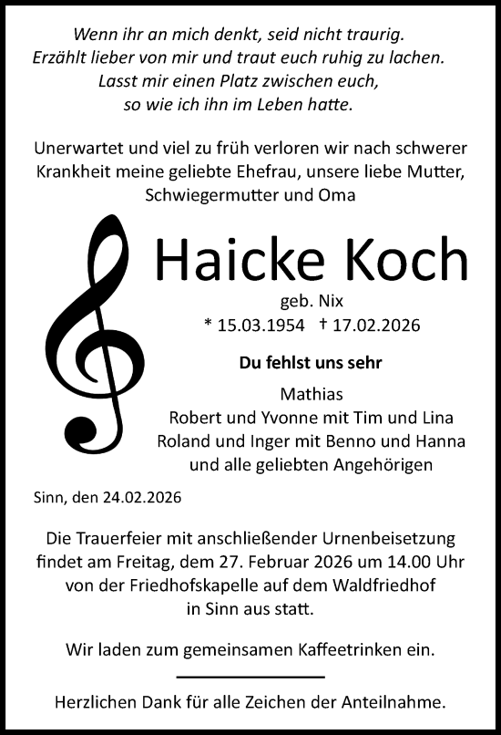 Traueranzeige von Haicke Koch von Dill Block
