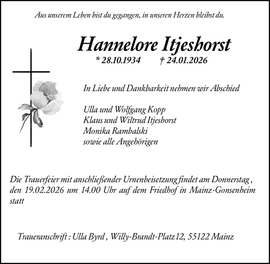 Traueranzeige von Hannelore Itjeshorst von Allgemeine Zeitung Mainz
