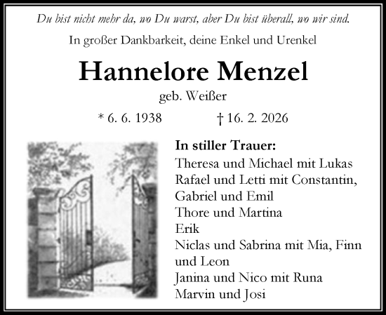 Traueranzeige von Hannelore Menzel von Hinterländer Anzeiger