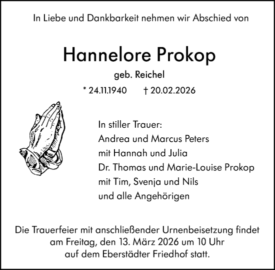 Traueranzeige von Hannelore Prokop von Darmstädter Echo