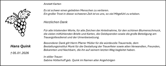 Traueranzeige von Hans Quink von Hochheimer Zeitung