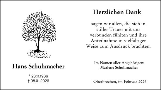 Traueranzeige von Hans Schuhmacher von Camberger Anzeiger
