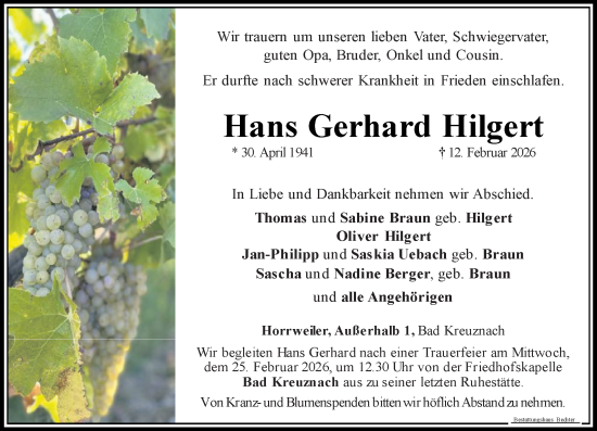 Traueranzeige von Hans Gerhard Hilgert von Allgemeine Zeitung Rheinhessen-Nahe