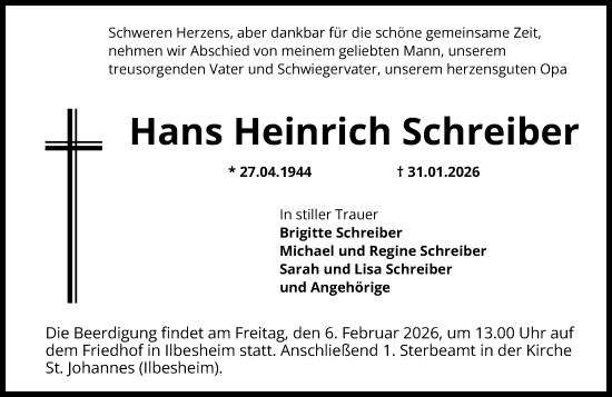 Traueranzeige von Hans Heinrich Schreiber von Allgemeine Zeitung Alzey