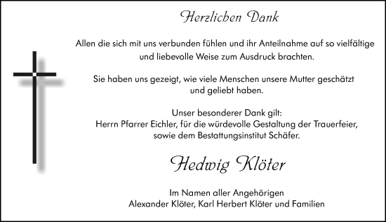 Traueranzeige von Hedwig Klöter von Wormser Zeitung