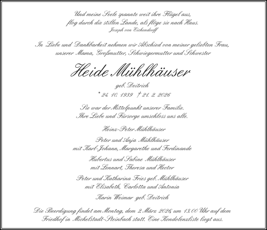Traueranzeige von Heide Mühlhäuser von Odenwälder Echo