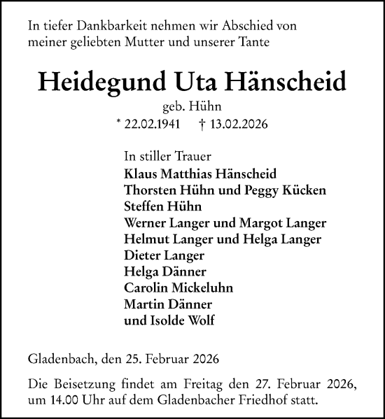 Traueranzeige von Heidegund Uta Hänscheid von Hinterländer Anzeiger