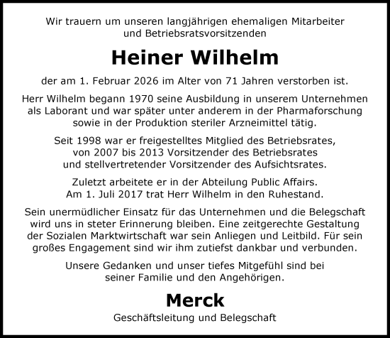 Traueranzeige von Heiner Wilhelm von Darmstädter Echo