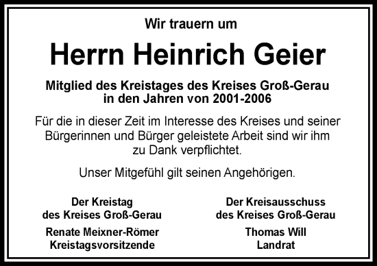 Traueranzeige von Heinrich Geier von Groß-Gerauer Echo