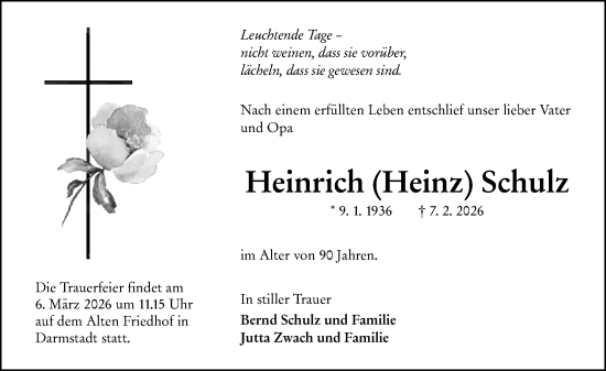 Traueranzeige von Heinrich Schulz von Darmstädter Echo