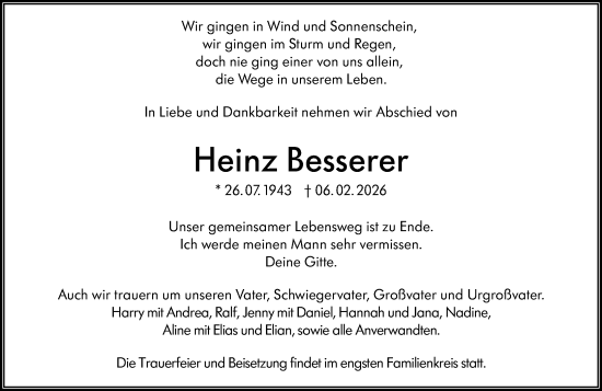 Traueranzeige von Heinz Besserer von Hinterländer Anzeiger