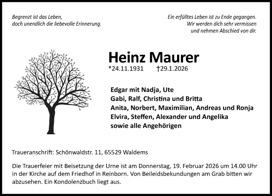 Traueranzeige von Heinz Maurer von Idsteiner Land/Untertaunus