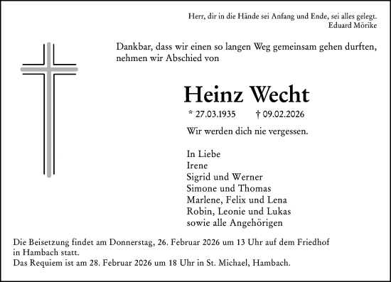 Traueranzeige von Heinz Wecht von Starkenburger Echo
