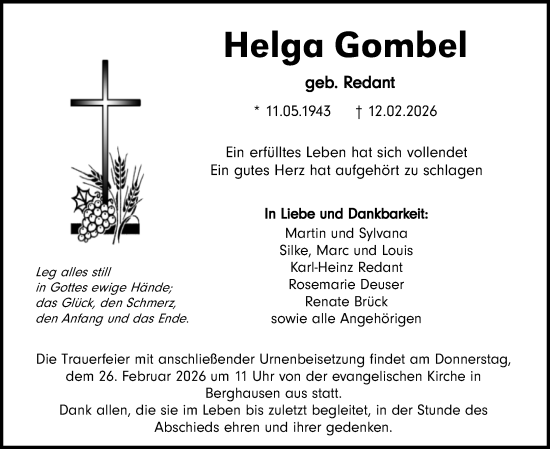 Traueranzeige von Helga Gombel von Wetzlarer Neue Zeitung