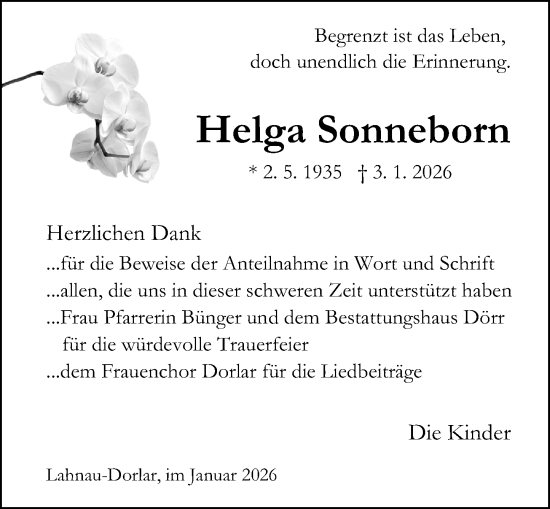 Traueranzeige von Helga Sonneborn von Wetzlarer Neue Zeitung