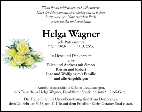 Traueranzeige von Helga Wagner von Groß-Gerauer Echo