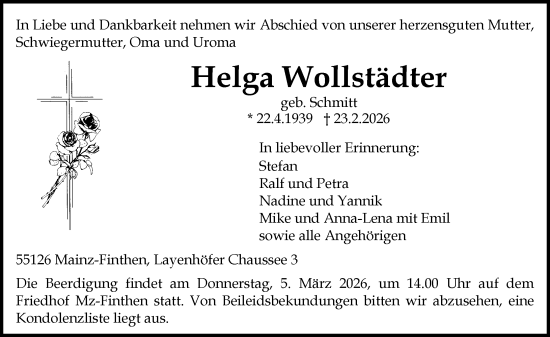Traueranzeige von Helga Wollstädter von Allgemeine Zeitung Mainz