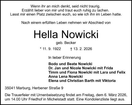 Traueranzeige von Hella Nowicki von Odenwälder Echo