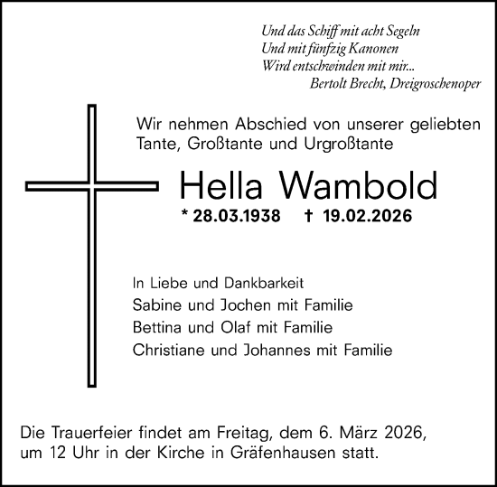 Traueranzeige von Hella Wambold von Darmstädter Echo