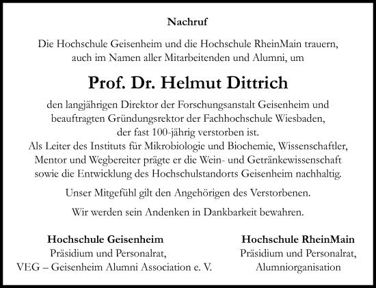 Traueranzeige von Helmut Dittrich von Wiesbadener Kurier