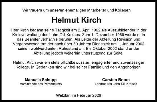 Traueranzeige von Helmut Kirch von Wetzlarer Neue Zeitung
