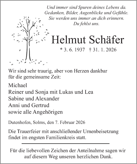 Traueranzeige von Helmut Schäfer von Wetzlarer Neue Zeitung