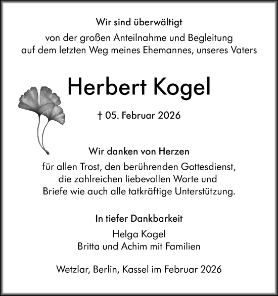 Traueranzeige von Herbert Kogel von Wetzlarer Neue Zeitung