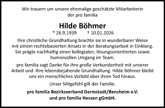 Traueranzeige von Hilde Böhmer von Darmstädter Echo