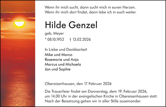 Traueranzeige von Hilde Genzel von Hinterländer Anzeiger