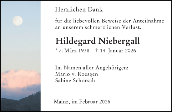 Traueranzeige von Hildegard Niebergall von Allgemeine Zeitung Mainz
