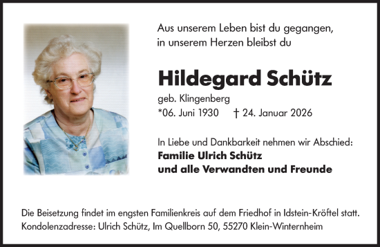 Traueranzeige von Hildegard Schütz von Rheingau-Taunus-Kreis Wochenblatt