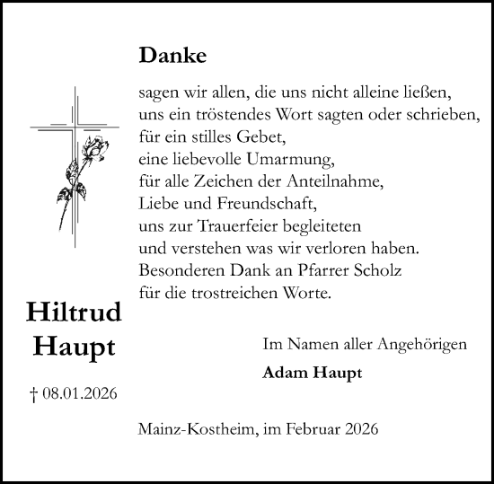 Traueranzeige von Hiltrud Haupt von Allgemeine Zeitung Mainz