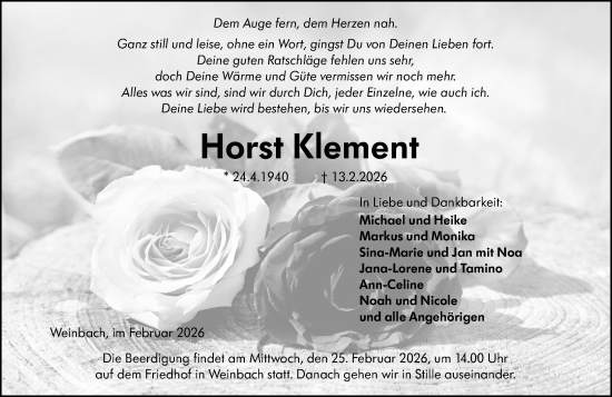 Traueranzeige von Horst Klement von Weilburger Tageblatt