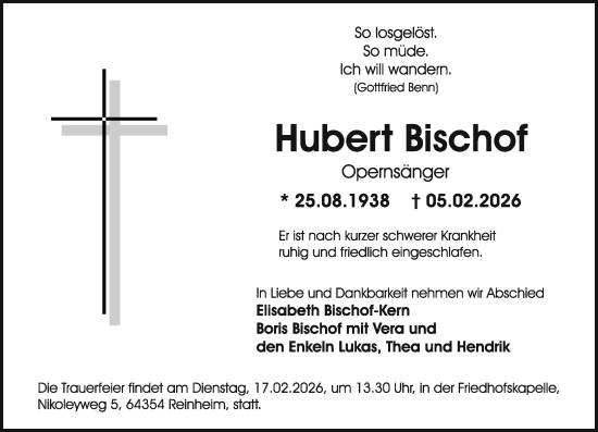 Traueranzeige von Hubert Bischof von Darmstädter Echo