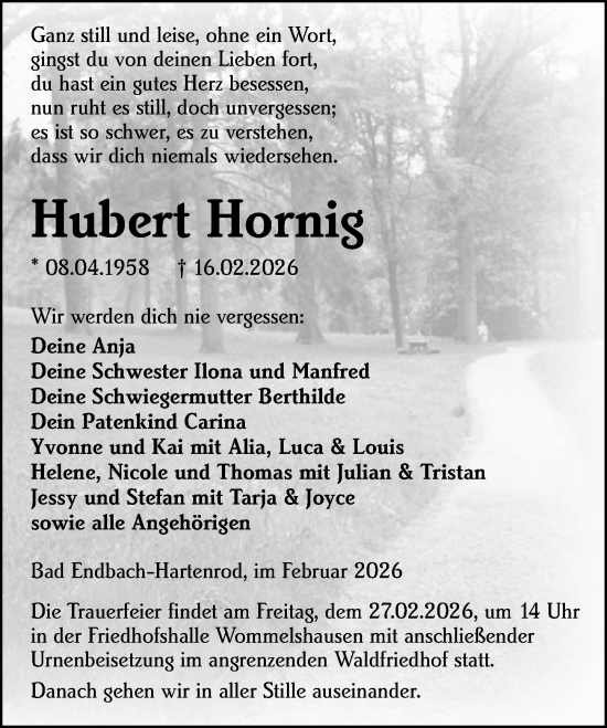 Traueranzeige von Hubert Hornig von Hinterländer Anzeiger