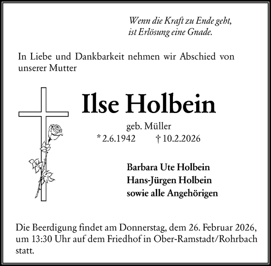 Traueranzeige von Ilse Holbein von Darmstädter Echo