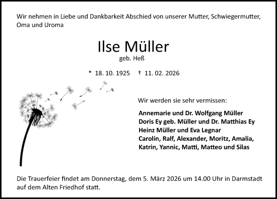 Traueranzeige von Ilse Müller von Darmstädter Echo