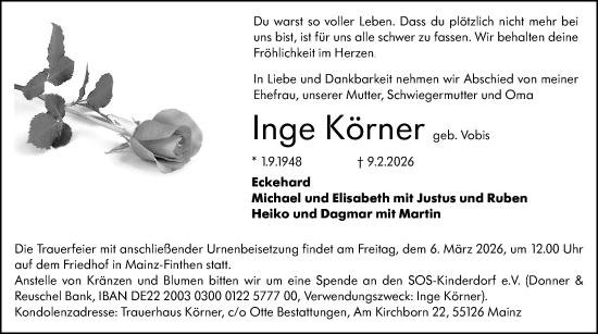 Traueranzeige von Inge Körner von Allgemeine Zeitung Mainz