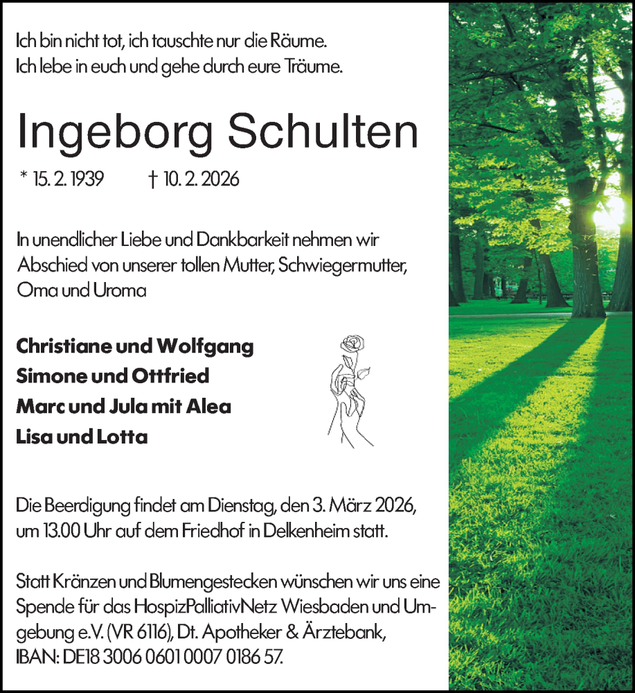  Traueranzeige für Ingeborg Schulten vom 21.02.2026 aus Wiesbadener Kurier