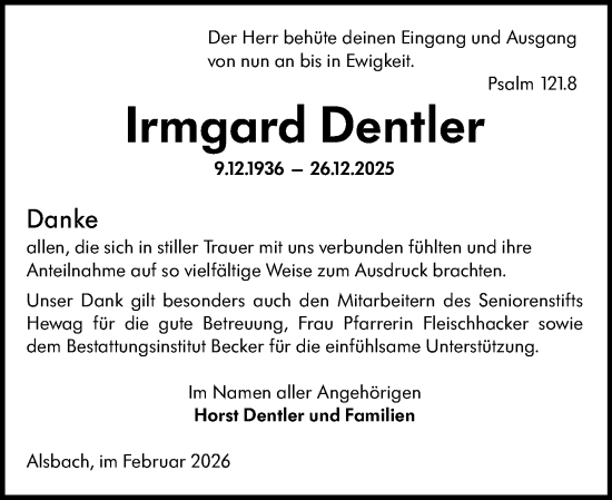 Traueranzeige von Irmgard Dentler von Darmstädter Echo