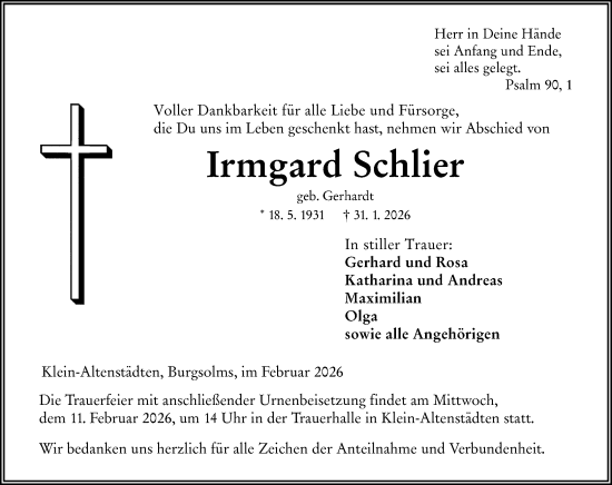 Traueranzeige von Irmgard Schlier von Wetzlarer Neue Zeitung