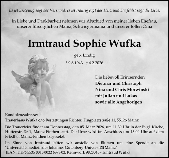 Traueranzeige von Irmtraud Sophie Wufka von Allgemeine Zeitung Mainz